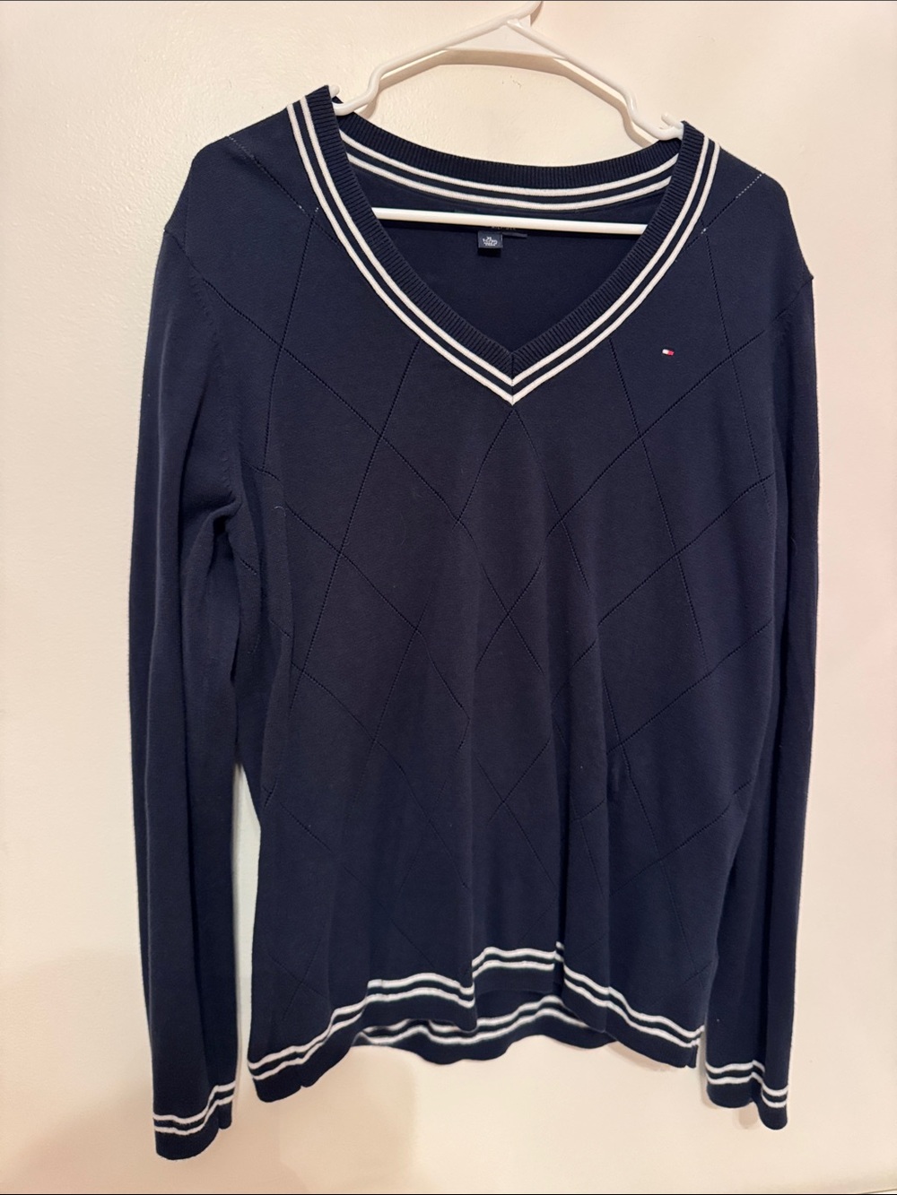 Tommy Hilfiger Navy V-Neck Sweater with White Stripe Trim